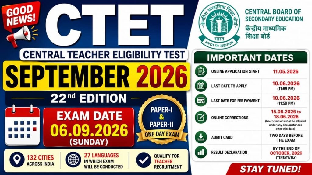 CTET 2026 Notification Out: सीटेट सितंबर 2026 का नोटिफिकेशन जारी, आवेदन फॉर्म शुरू