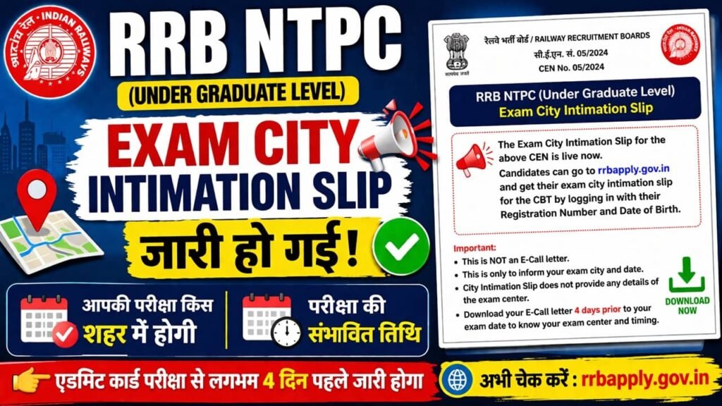Railway NTPC 12th Level Exam City 2026: रेलवे एनटीपीसी 12th लेवल परीक्षा की एग्जाम सिटी जारी, यहां से चेक करें