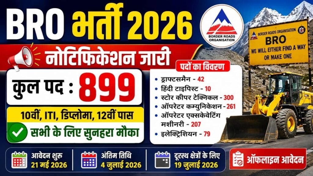 BRO Recruitment 2026: सीमा सड़क संगठन में 10वीं 12वीं पास 899 पदों पर भर्ती का नोटिफिकेशन जारी