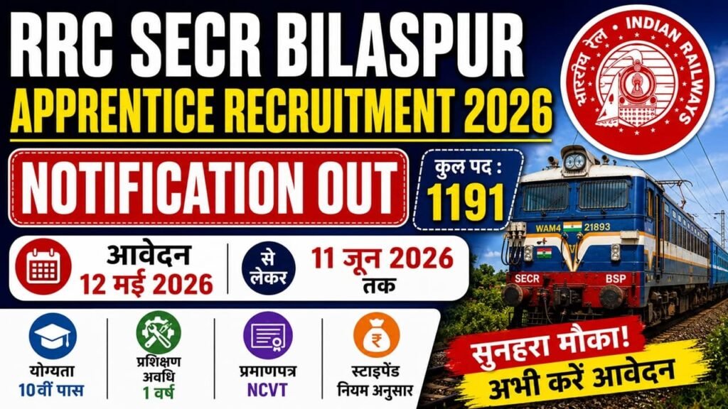 RRC SECR Bilaspur Apprentice Recruitment 2026: दक्षिण पूर्व मध्य रेलवे भर्ती का 1191 पदों पर नोटिफिकेशन जारी