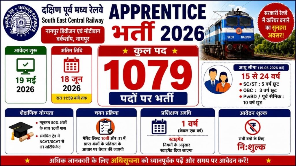 Railway SECR Apprentice Recruitment 2026: दक्षिण पूर्व मध्य रेलवे नागपुर द्वारा 1079 अप्रेंटिस पदों पर भर्ती का नोटिफिकेशन जारी