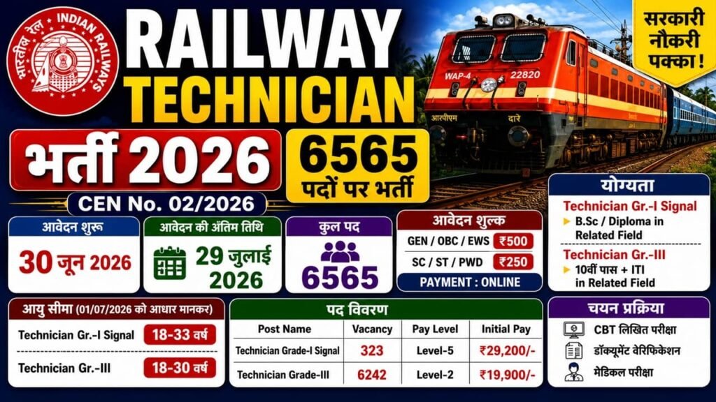 Railway Technician Recruitment 2026: रेलवे में टेक्नीशियन के 6565 पदों पर भर्ती का नोटिफिकेशन जारी
