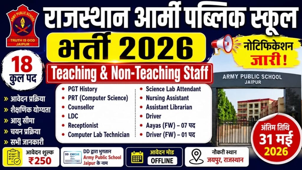 Rajasthan Army Public School Recruitment 2026: आर्मी पब्लिक स्कूल भर्ती का 10वीं 12वीं ग्रेजुएशन पास के लिए नोटिफिकेशन जारी