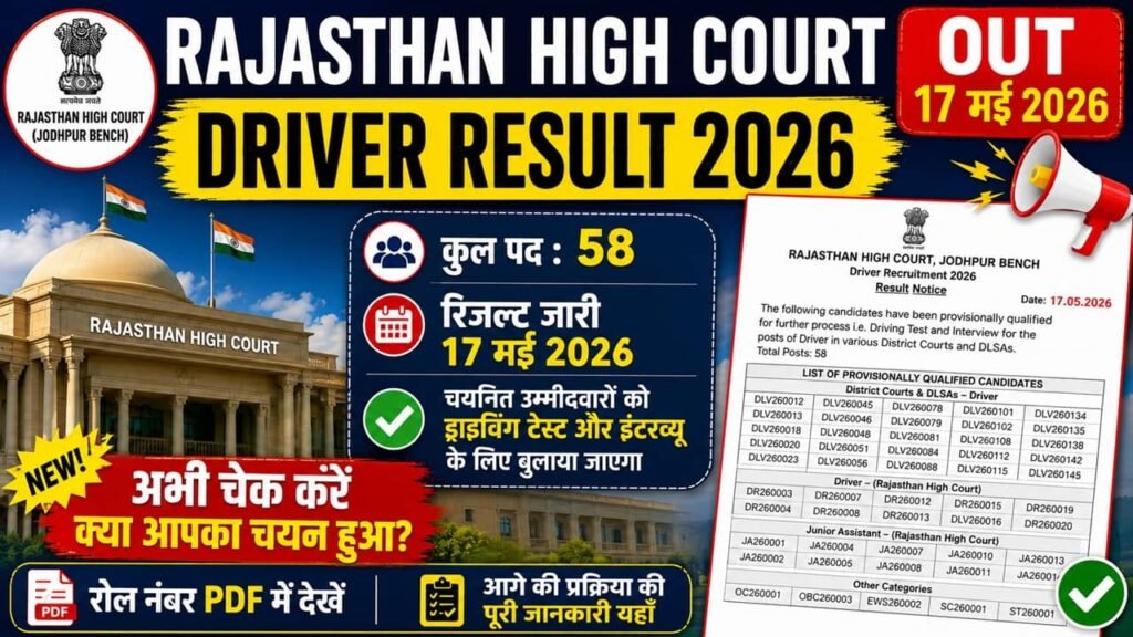 Rajasthan High Court Driver Result 2026: राजस्थान हाई कोर्ट ड्राइवर रिजल्ट जारी यहां से चेक करें