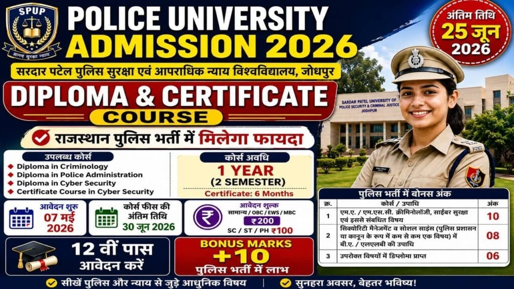 Rajasthan Police Bonus Marks Certificate Course: सरदार पटेल पुलिस यूनिवर्सिटी डिप्लोमा और सर्टिफिकेट कोर्स नोटिफिकेशन जारी आवेदन शुरू