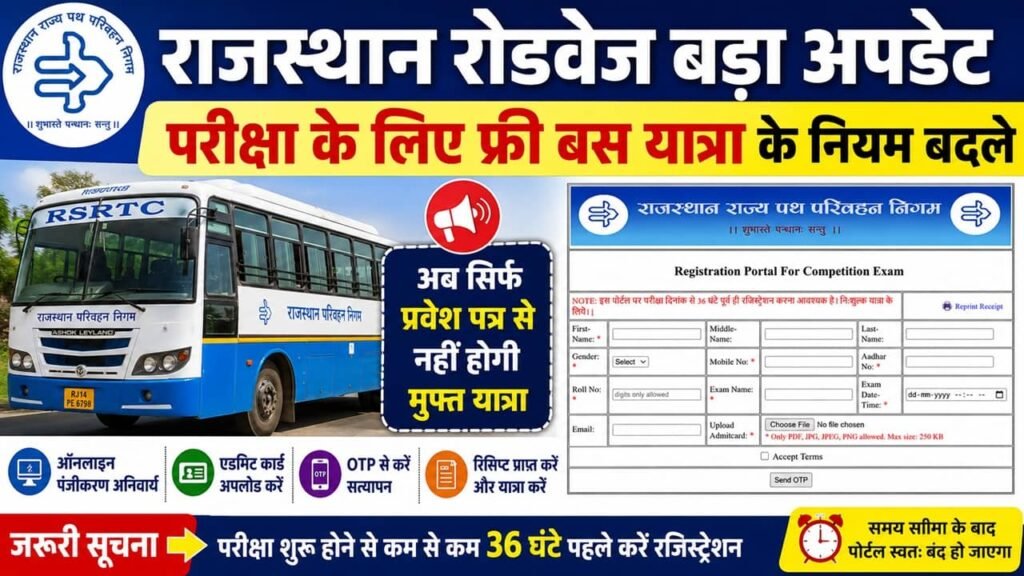 Rajasthan Roadways free Yatra Registration: राजस्थान रोडवेज में परीक्षार्थियों की निशुल्क यात्रा नियम बदले, अब 36 घंटे पहले रजिस्ट्रेशन करना जरूरी