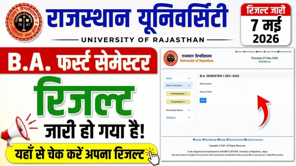 Rajasthan University BA 1st Semester Result 2026: राजस्थान यूनिवर्सिटी बीए फर्स्ट सेमेस्टर रिजल्ट जारी, यहां से चेक करें