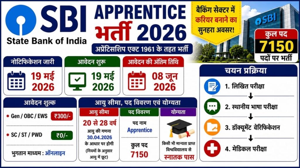 SBI Apprentice Recruitment 2026: एसबीआई बैंक में अप्रेंटिस के 7150 पदों पर भर्ती का नोटिफिकेशन जारी